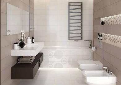 Глянец и тиснение в дизайне плитки для малогабаритной ванной комнаты